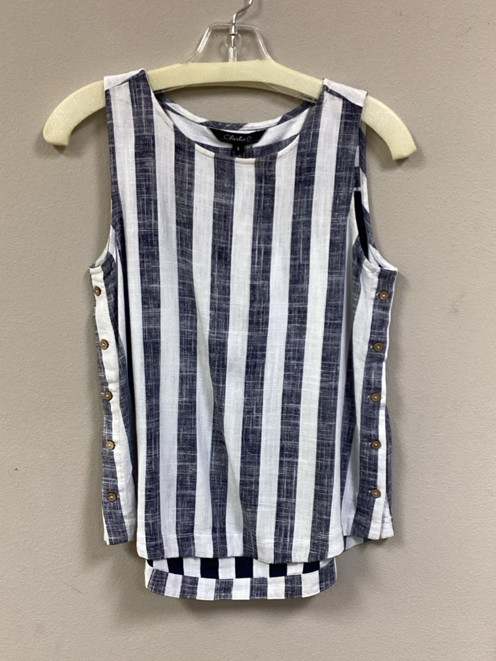 CHARLIE B Navy and White Vertical Stripe Tank with Side Buttons